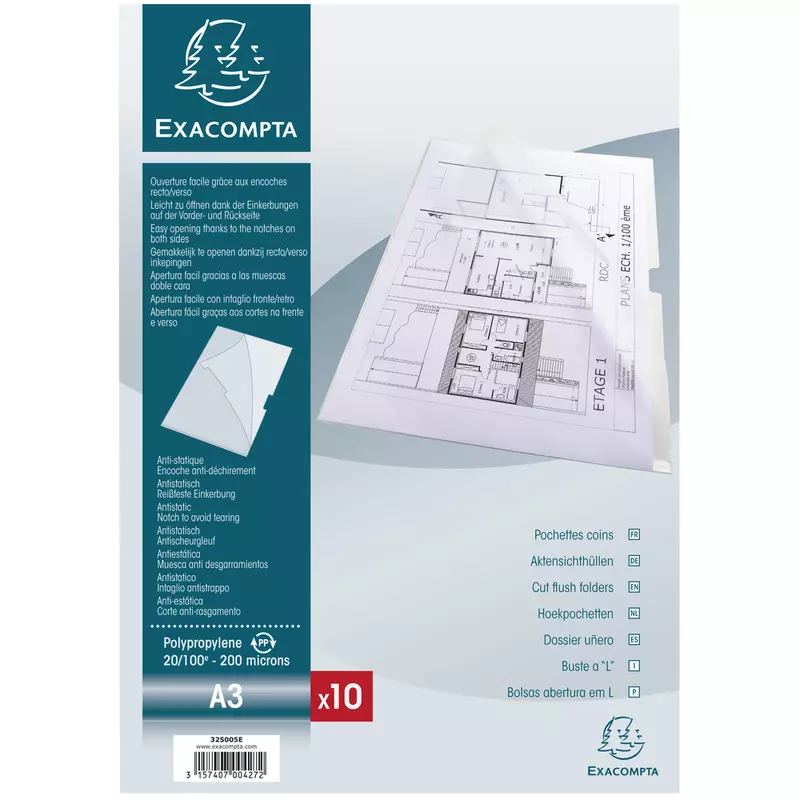 Packung mit 10 Aktensichthüllen aus festem PP 200µ, A3 senkrecht - Kristall