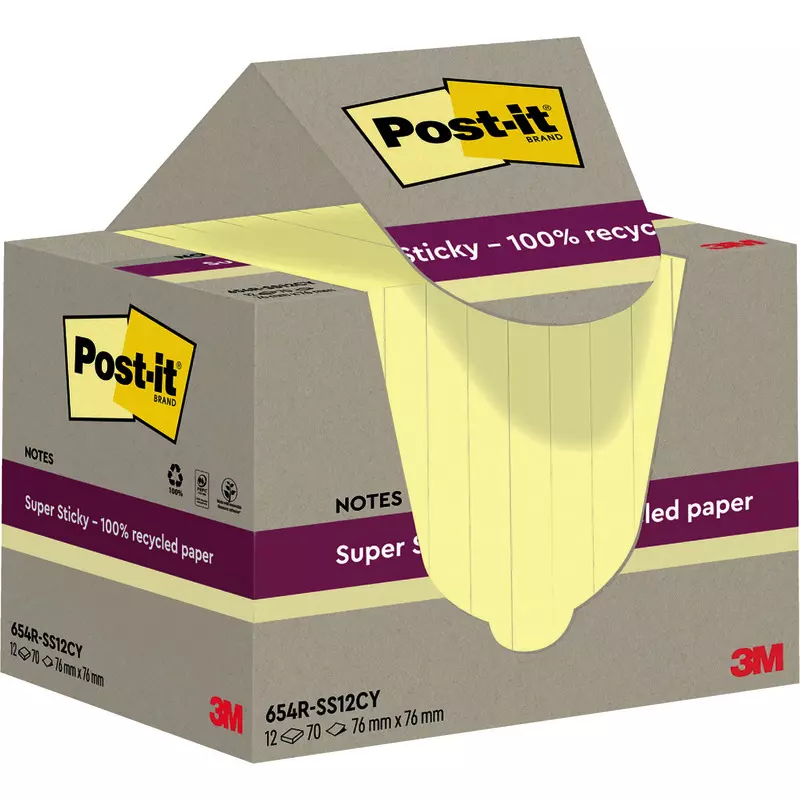 Post-it® Super Sticky 100 % Recycling Notes, Gelb, 76 mm x 76 mm,12 Blöcke/Packung