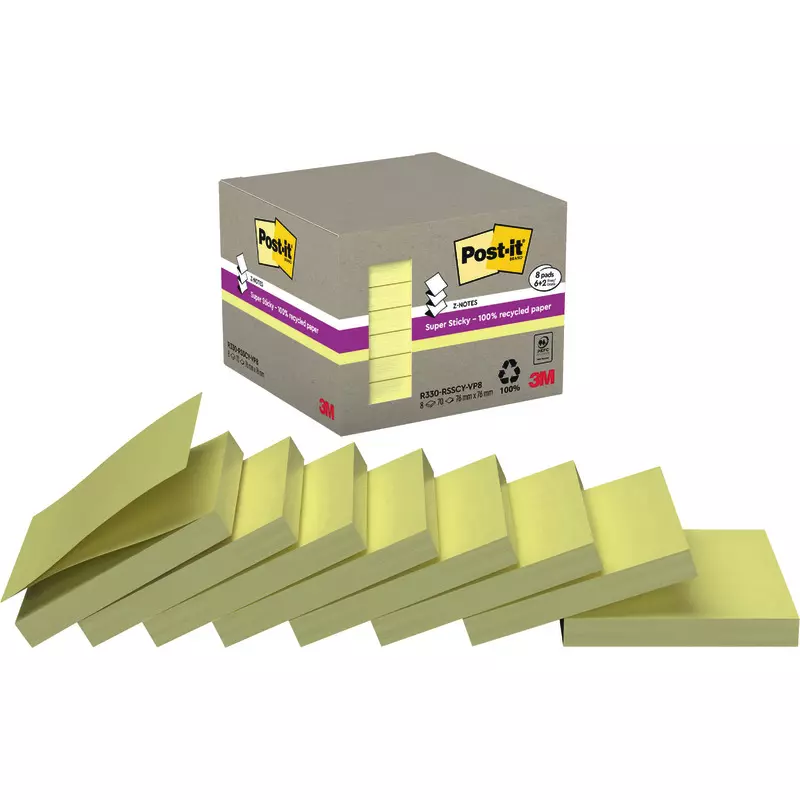 Post-it® Super Sticky 100% Recycling Z-Notes, Gelb, 76 mm x 76 mm, 70 Blatt/Block, Packung: 6 Blocks + 2 Blocks GRATIS