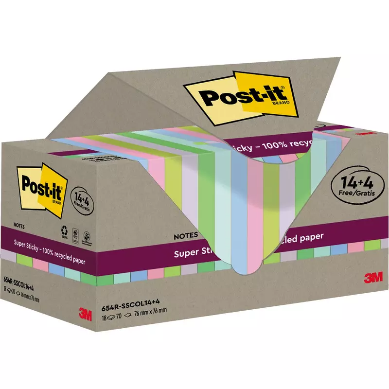 Post-it® Super Sticky 100 % Recycling Notes, Verschiedene Farben, 76 mm x 76 mm, 70 Blatt/Block, 14 Blöcke + 4 Gratis/Packung