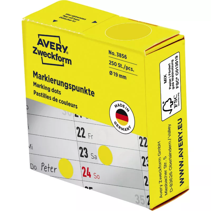AVERY® Zweckform 3856 Markierungspunkte, Ø 19 mm, 1 Rolle/250 Etiketten, gelb