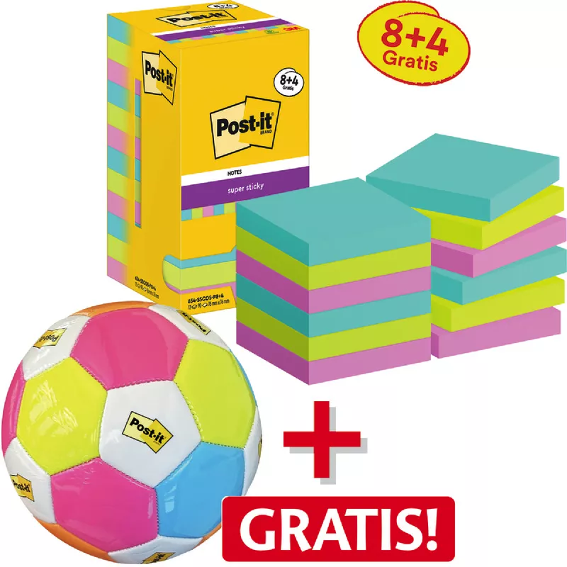 21 + 3 GRATIS! 24 Blöcke Post-it® Haftnotizen Super Sticky Notes, 76 x 76 mm, farbsortiert + 1 Fußball GRATIS