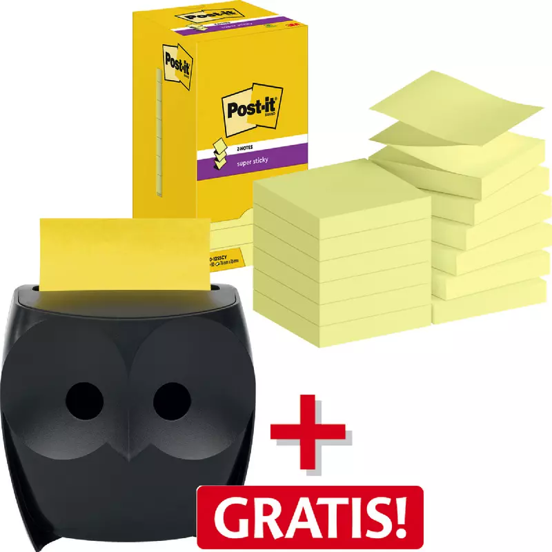 AKTION! Post-it® Haftnotizen Super Sticky Z-Notes, 76 x 76 mm, gelb, 12 Blöcke + Spender "EULE" GRATIS