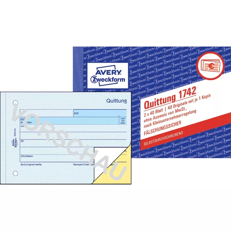 AVERY® Zweckform Quittung Kleinunternehmer 1742 ohne MwSt., A6 quer, selbstdurchschreibend, 2x40 Blatt