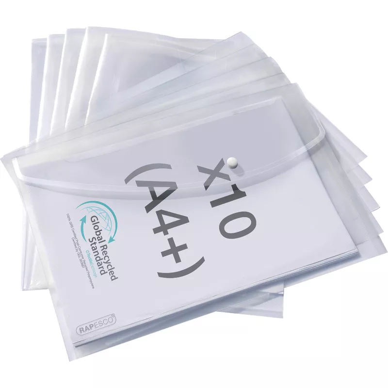 RAPESCO ECO GRS Dokumentenmappe mit Druckknopf, DIN A4, transparent, 10 Stück