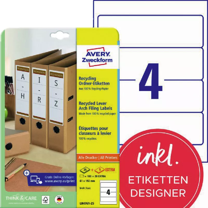 AVERY® Zweckform LR4761-25 Recycling Ordnerrücken-Etiketten, 61 x 192 mm, 30 Bogen/120 Etiketten, naturweiß