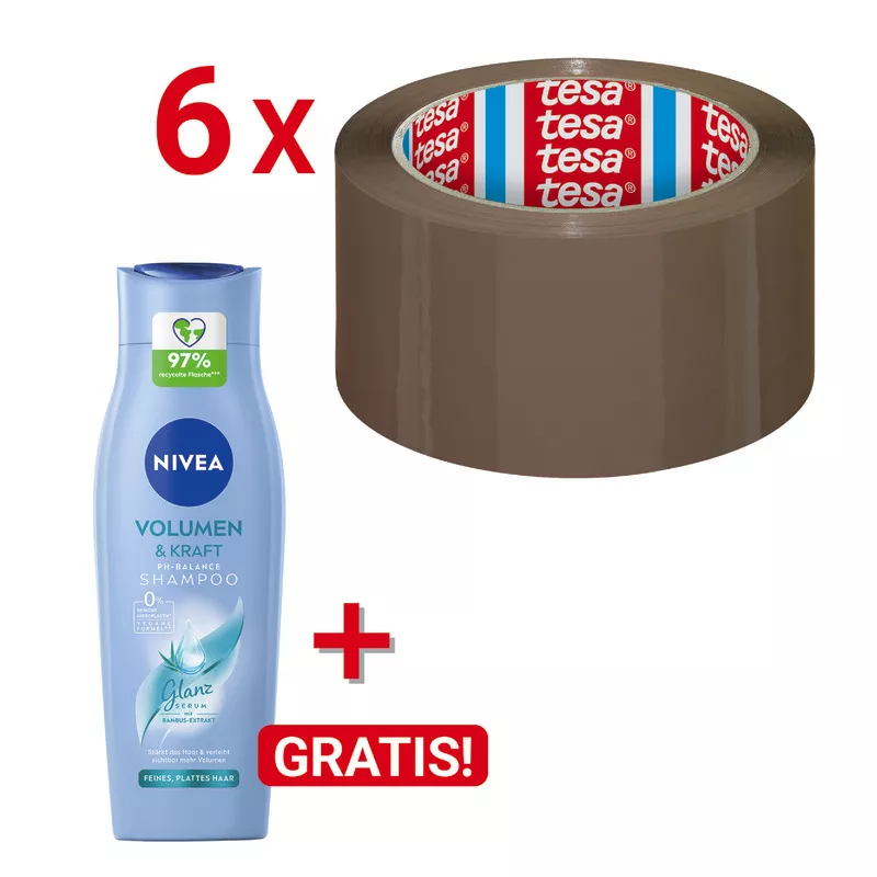 AKTION! 6 Rollen tesa Packband 4195 PP, 50 mm x 60 m, braun + NIVEA Pflegedusche Creme Mandel GRATIS