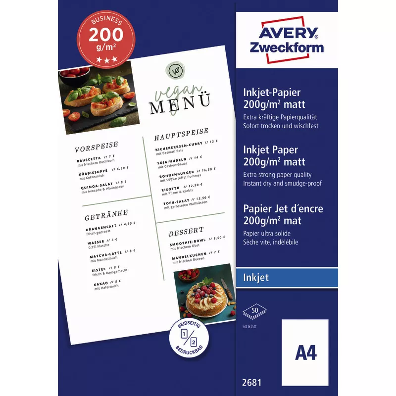 AVERY Zweckform Business Inkjet Papier, DIN A4, 200 g/m², Packung: 50 Blatt