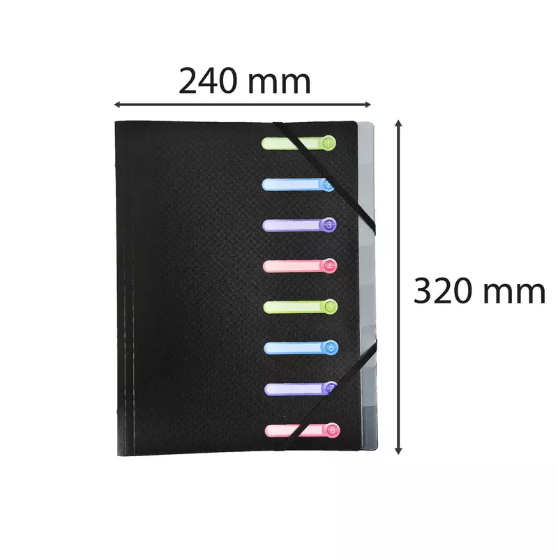 Eckspann-Ordnungsmappe aus PP 500µ mit Gummizug und 3 Klappen, 8 Fächer mit ausgestanzten Index-Fenstern blickdicht, für Format DIN A4 - Schwarz
