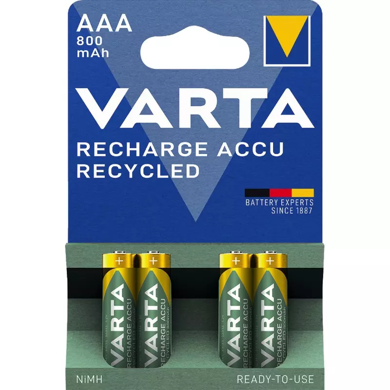 VARTA Akku Recharge Accu Recycled NiMH, AAA Micro HR03, 800 mAh, 1,2 V, Packung: 4 Stück
