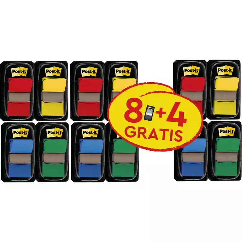 Post-it® Index Haftstreifen, Standard, Verschiedene Farben, 50 Haftstreifen/Spender, 8 Spender + 4 Gratis/Packung
