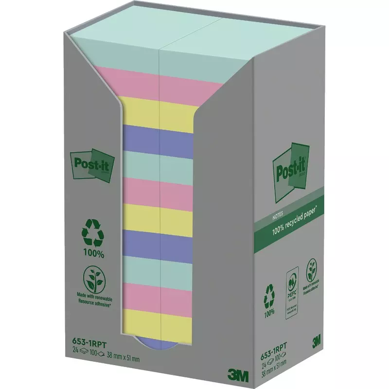Post-it® Recycling Notes, Verschiedene Farben, 38 mm x 51 mm, 100 Blatt/Block, 24 Blöcke/Packung