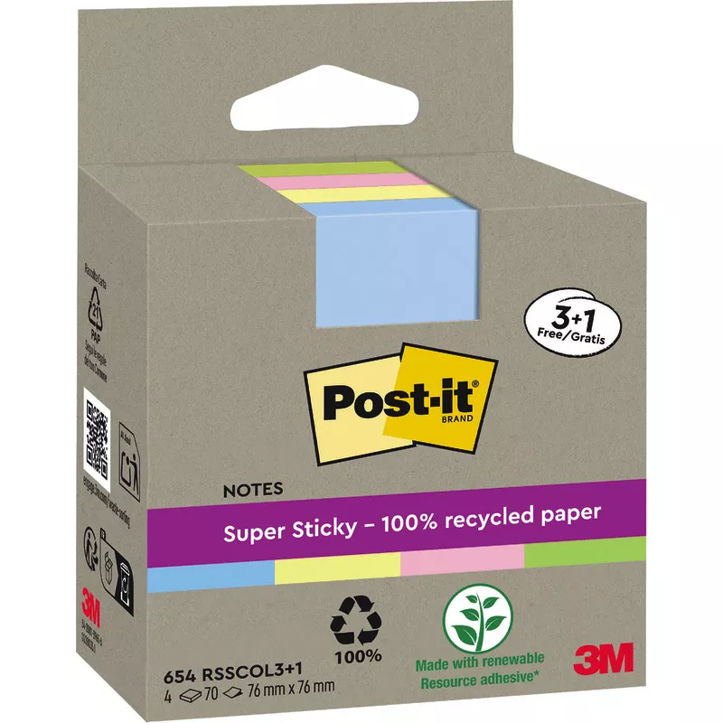 3+1 GRATIS! 4 Packungen Post-it® Super Sticky Recycling Notes, 76x76 mm, Promotion, 70 Blatt/ Block, farbig sortiert