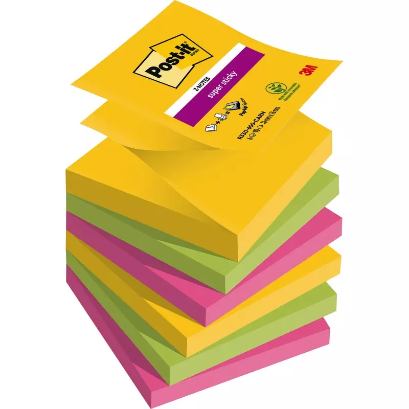 Post-it® Super Sticky Z-Notes, 76 mm x 76 mm, 90 Blatt/Block, 6 Blöcke/Packung
