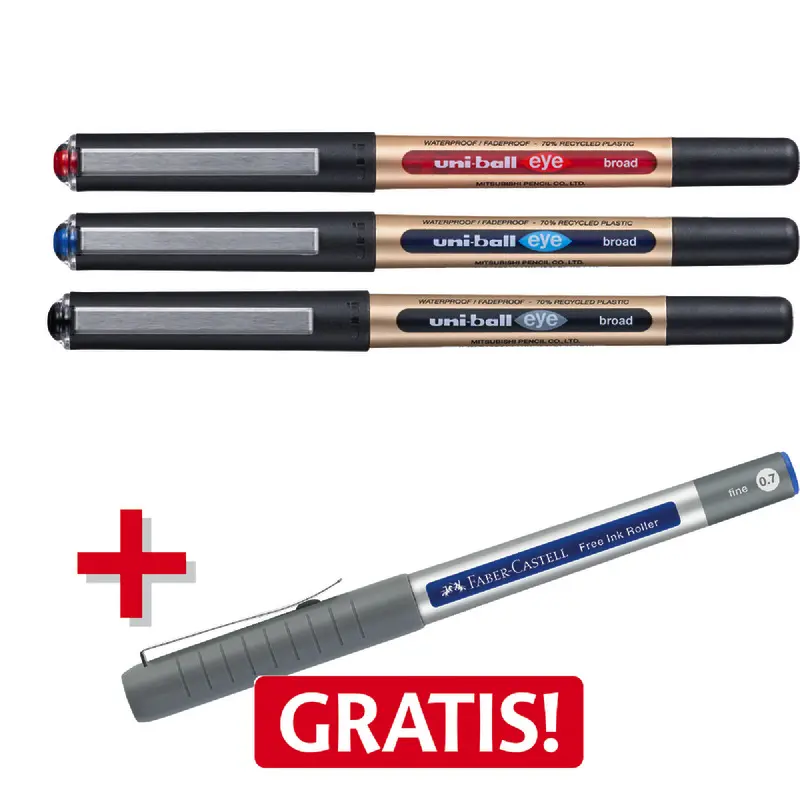 AKTION! 3 UNI-BALL Tintenroller UB EYE broad UB-150-10E farbsortiert + 1 Faber-Castell Tintenroller Free-Ink fine GRATIS