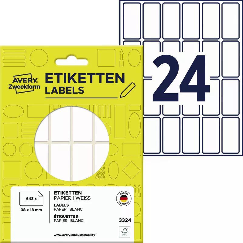 AVERY® Zweckform Vielzweck Etiketten 3324, 38 x 18 mm, 27 Bogen/648 Etiketten, weiß