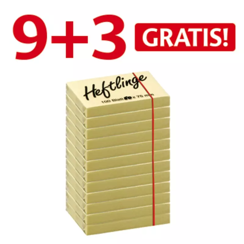 9 + 3 GRATIS! 12 Blöcke Haftnotizen 50 x 75 mm, gelb, Block: 100 Blatt