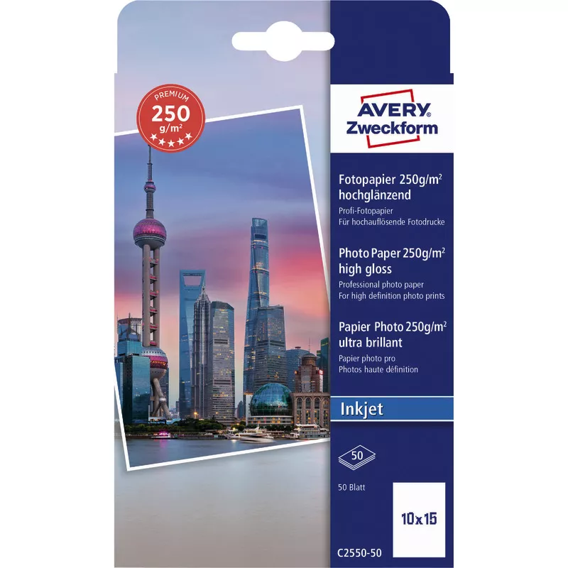 AVERY Zweckform Premium Inkjet Fotopapier, hochglänzend, 10 x15, 250 g/m², Packung: 50 Blatt