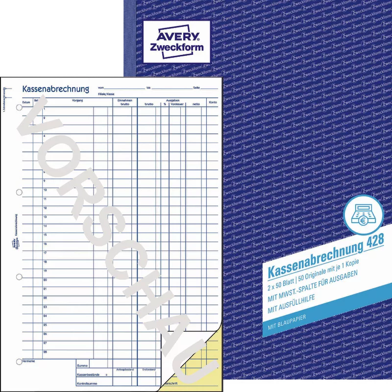 AVERY® Zweckform Kassenabrechnung 428, MwSt.-Spalte für Ausgaben, A4, mit Blaupapier, 2x50 Blatt