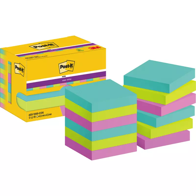 Post-it® Super Sticky Notes, 47.6 mm x 47.6 mm, 90 Blatt/Block, 12 Blöcke/Packung