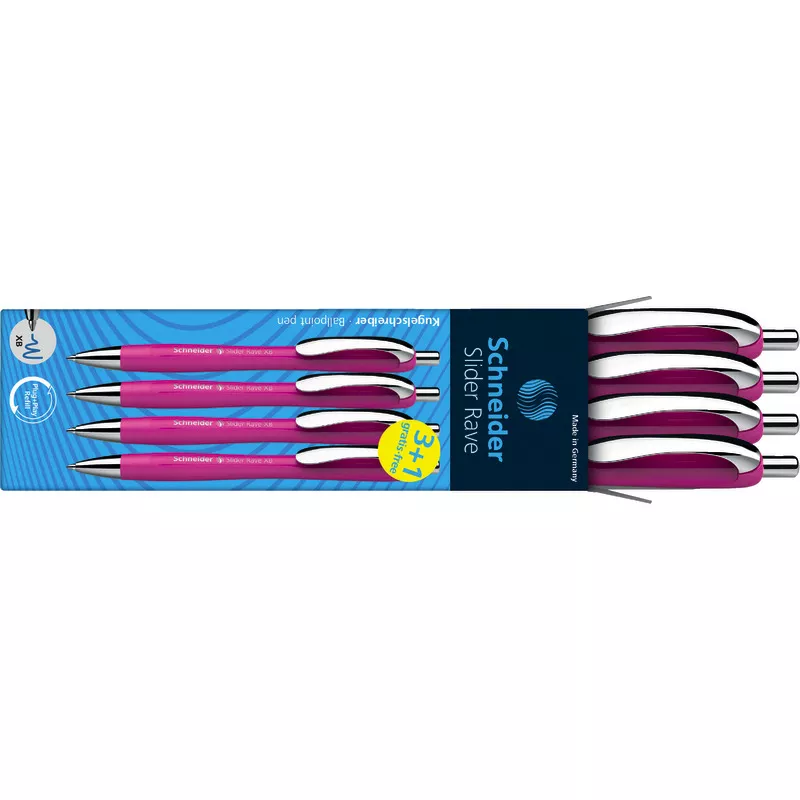 3+1 GRATIS! 4 SCHNEIDER Kugelschreiber Slider Rave XB Pink, Schreibfarbe: blau