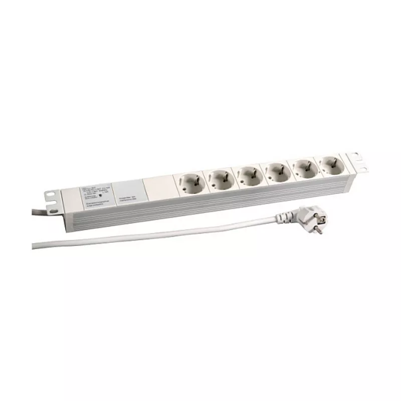 19Zoll 1HE Steckdosenleiste 6-fach CEE7/3 Steckdosen mit Geraetevollschutz Aluminium GRAU RAL7035 IP20 Anschlussleitung 2m