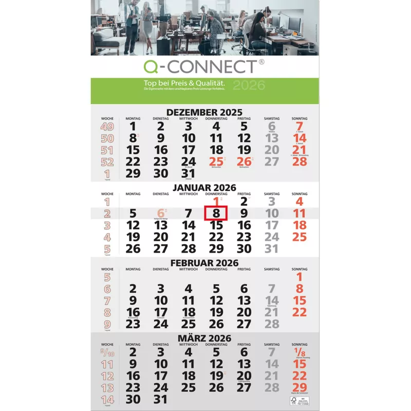 4-Monats-Wandkalender, 30 x 55,5 cm, 4M/1S Q-CONNECT 665793