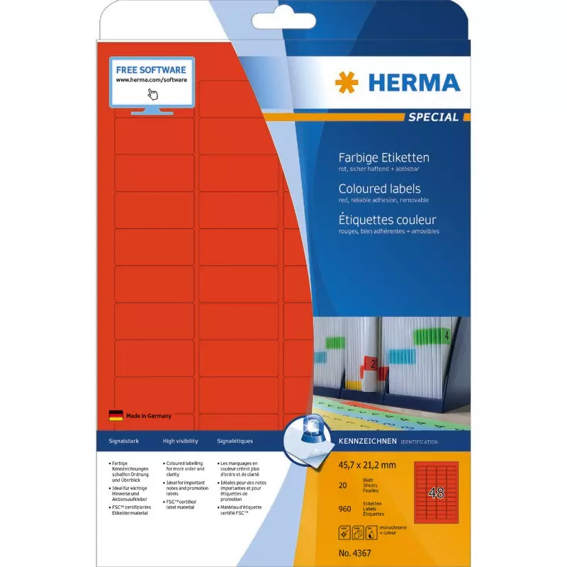 HERMA Farbige Etiketten DIN A4, 45,7 x 21,2 mm, ablösbar, Papier matt, 960 St.
