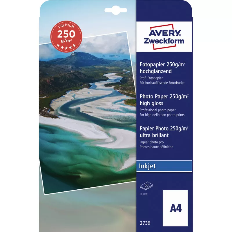 AVERY Zweckform Premium Inkjet Fotopapier, hochglänzend, DIN A4, 250 g/m², Packung: 50 Blatt