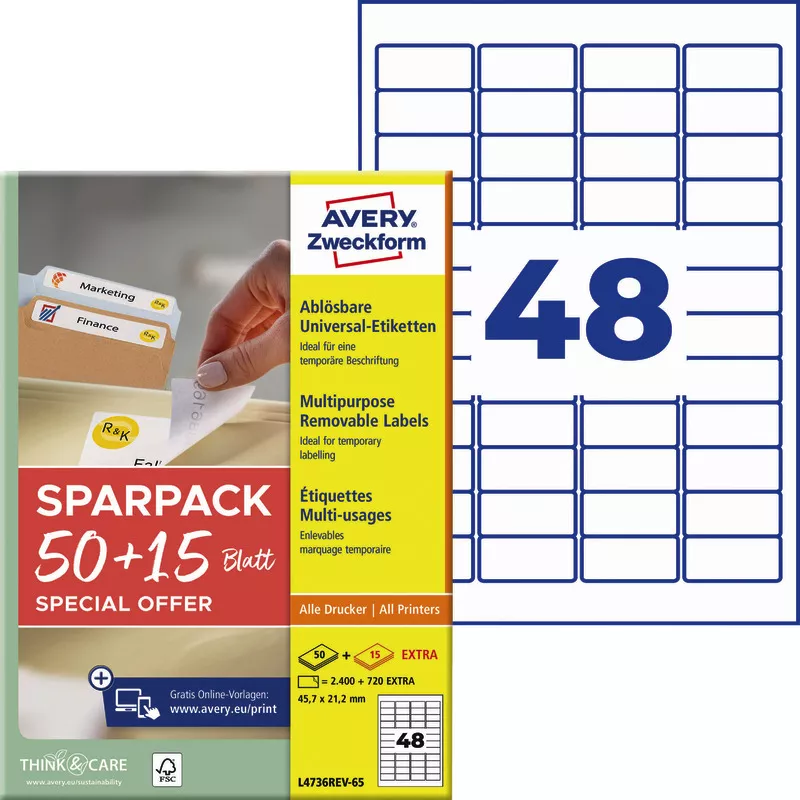 Avery Zweckform L4736REV-65, Universal-Etiketten, A4, 45,7 x 21,2 mm, 3.120 Etiketten / 65 Bögen, Weiß