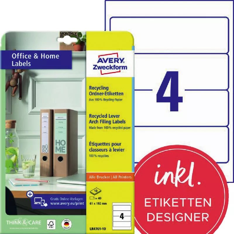 AVERY® Zweckform Recycling Ordner-Etiketten LR4761-10, 10 Blatt 61 x 192 mm, Inkjet, Farblaser, Laser s/w, Kopierer, für breite Ordner (kurz), Pack: 40 Stück