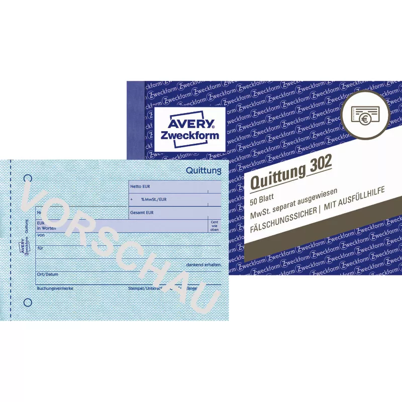 AVERY® Zweckform Quittung MwSt. separat ausgewiesen, A6 quer, 50 Originale, 50 Blatt
