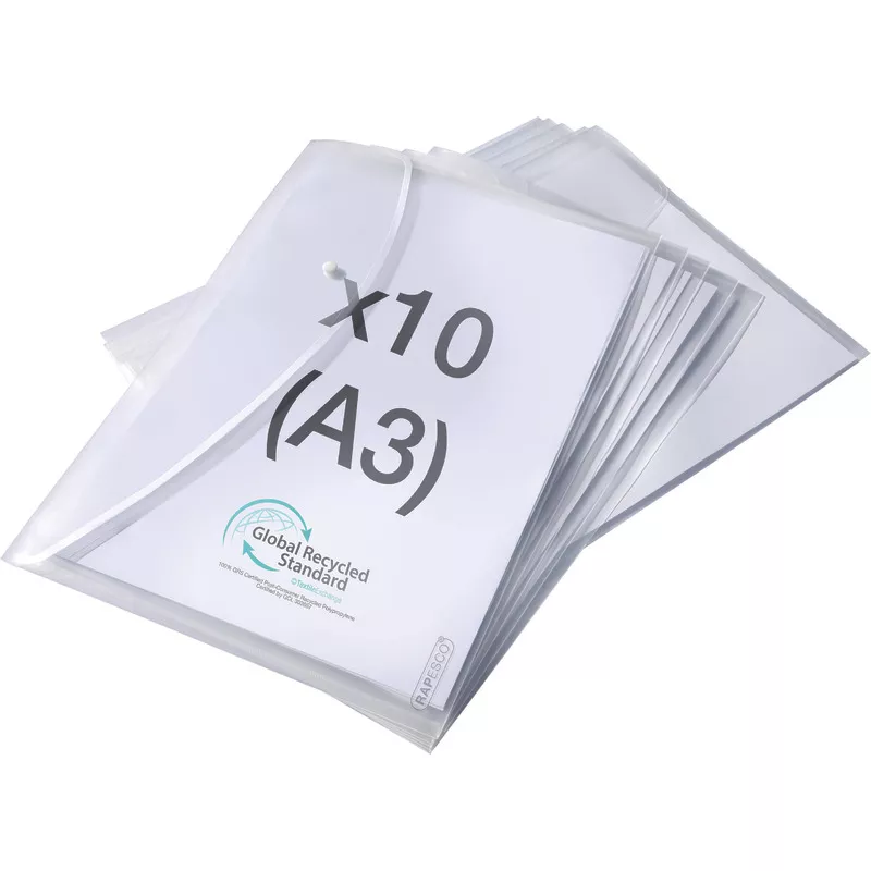 RAPESCO ECO GRS Dokumentenmappe mit Druckknopf, DIN A3, transparent, 10 Stück