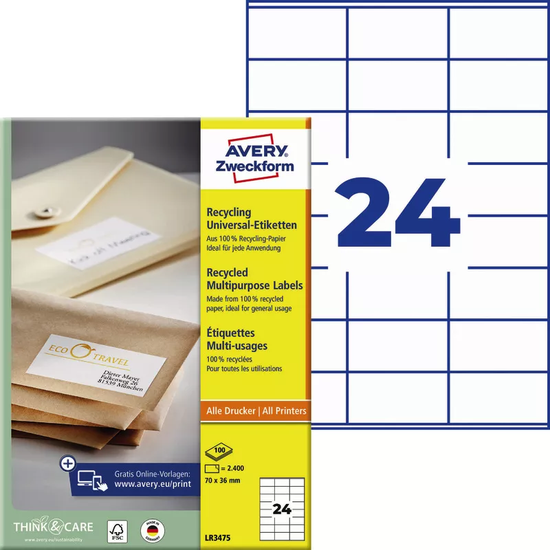 AVERY® Zweckform LR3475 Recycling Universal-Etiketten, 70 x 36 mm, 100 Bogen/2.400 Etiketten, naturweiß