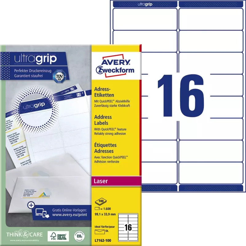 AVERY® Zweckform L7162-100 Adress-Etiketten, 99,1 x 33,9 mm, 100 Bogen/1.600 Etiketten, weiß