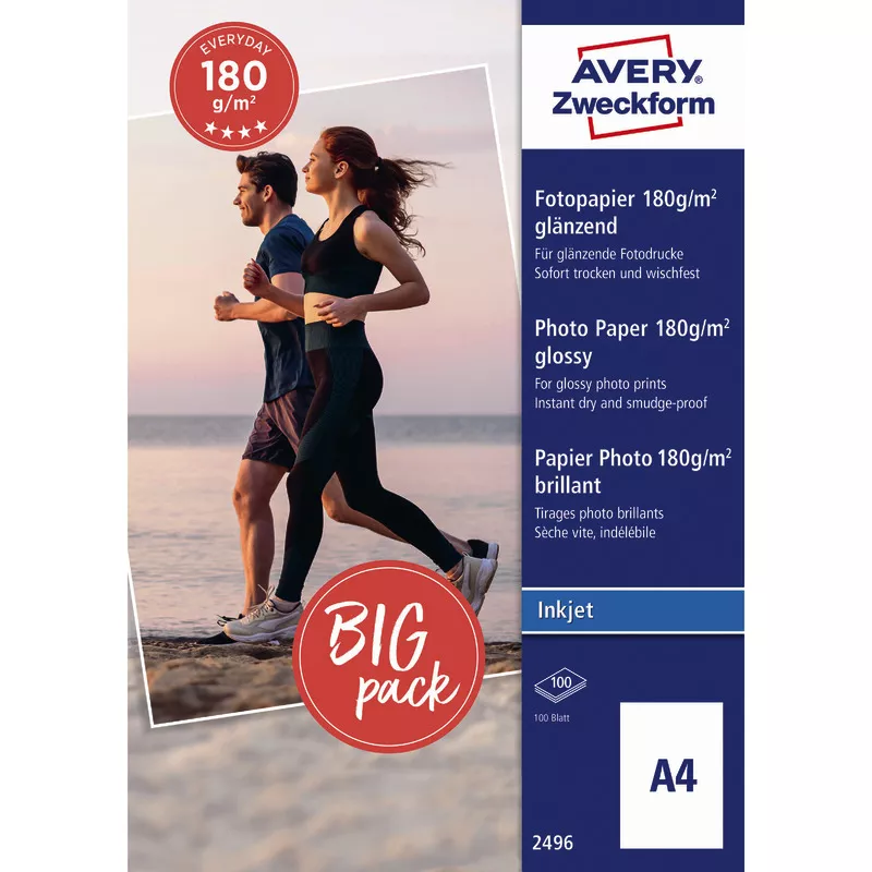 AVERY Zweckform Everyday Inkjet Fotopapier, glänzend, DIN A4, 180 g/m², Packung: 100 Blatt
