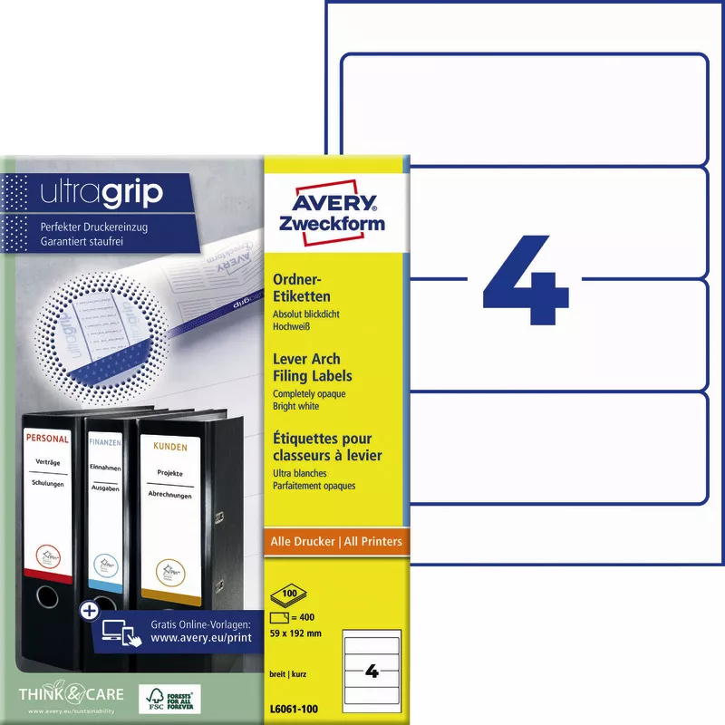 AVERY® Zweckform L6061-100 Ordnerrücken-Etiketten, 59 x 192 mm, 100 Bogen/400 Etiketten, weiß
