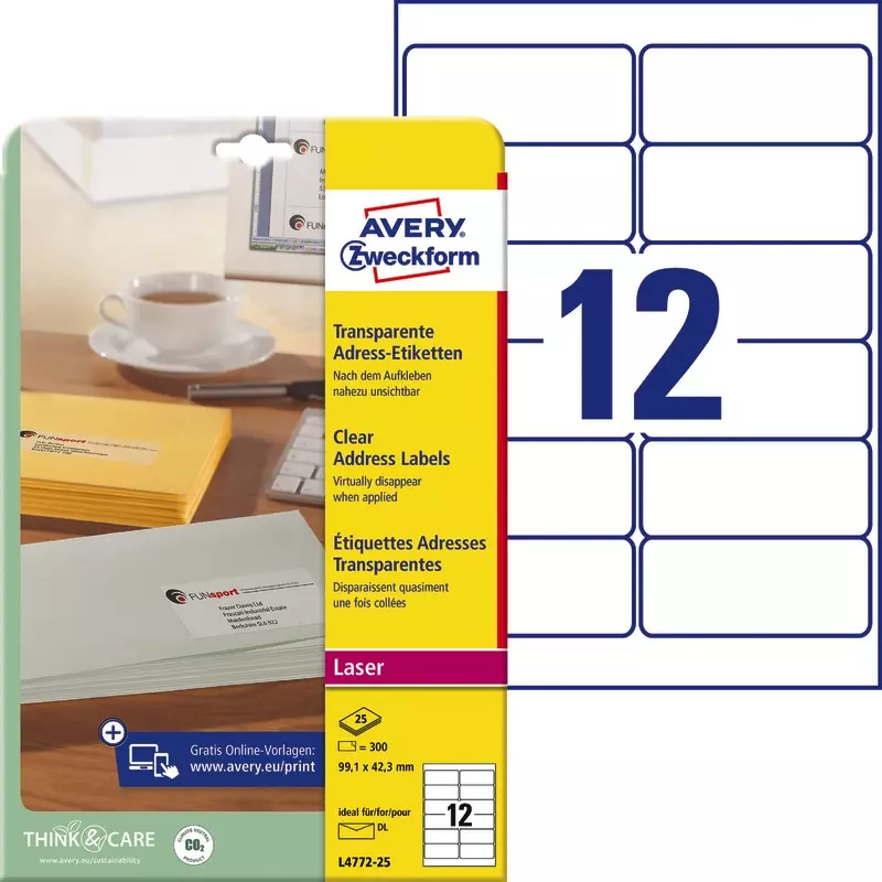 AVERY® Zweckform Adress-Etiketten L4772-25, transparent, B x H: 99,1 x 42,3 mm, Pack: 300 Stück