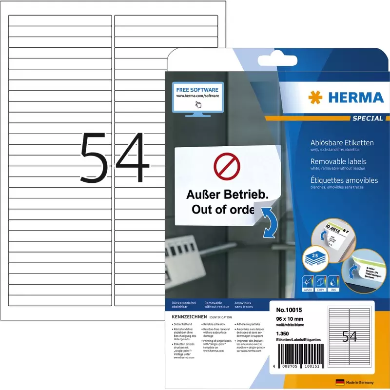 HERMA Etiketten 10015, B x H: 96 x 10 mm, weiß, ablösbar