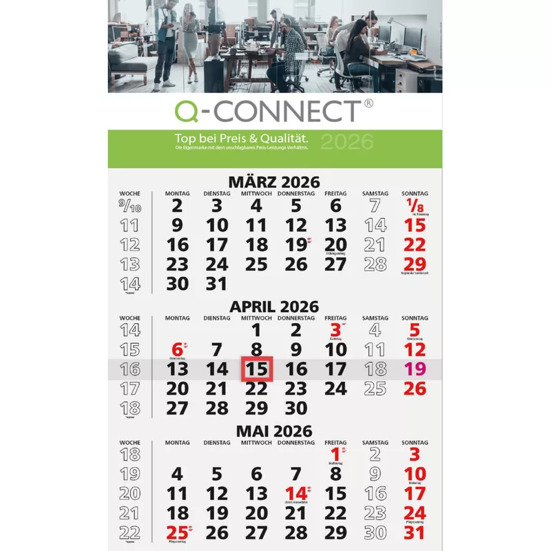3-Monats-Wandkalender 2026, 30 x 48,5 cm, 1S/3M Q-CONNECT 665792