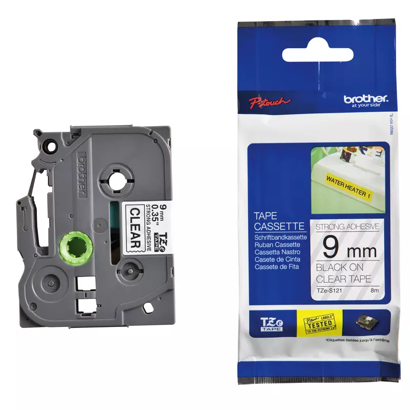 brother Spezialband TZe-S121, schwarz/transparent, 9 mm