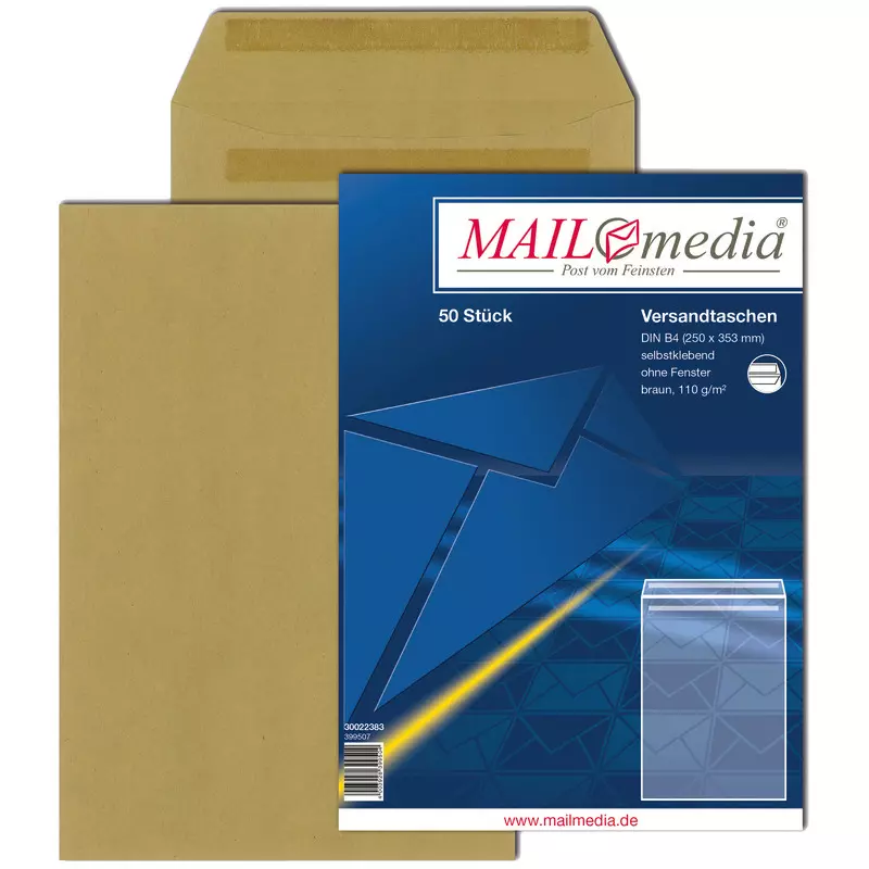 Versandtaschen DIN B4, 250 x 353 mm, selbstklebend, braun, 110 g/m², Pack: 50 Stück