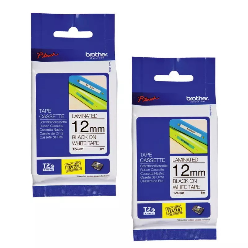 Spar-Set! 2 x brother TZE-231 Schriftbandkassette P-Touch, 12 mm, schwarz/weiß