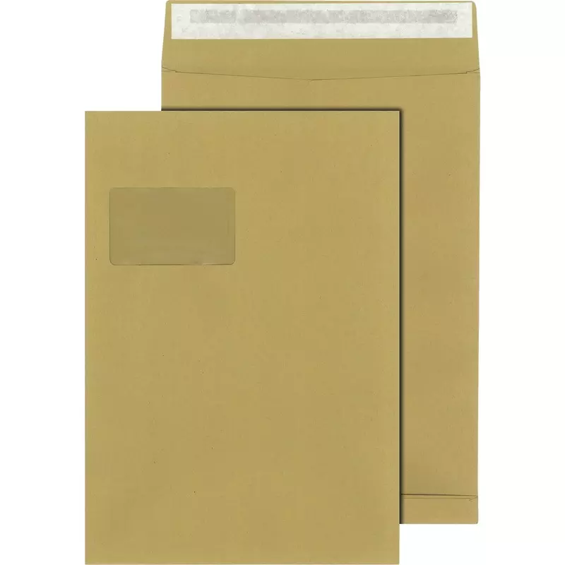 Faltentaschen DIN C4, 229 x 324 mm, haftklebend, braun, 120 g/m², mit Fenster 55 x 90 mm, 20 mm Falte, Stehboden, Pack: 200 Stück