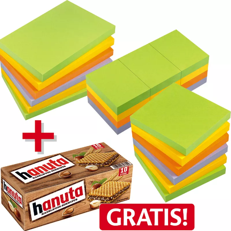 INFO NOTES Haftnotizen SPRING-MIX: je 1 Pack 50 x 40 mm, 75 x 75 mm und 125 x 75 mm, farbig + Hanuta GRATIS