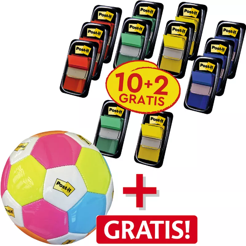 10 + 2 GRATIS! 12 Post-it® Index Haftstreifen Standard 680 farbsortiert + Fußball GRATIS!