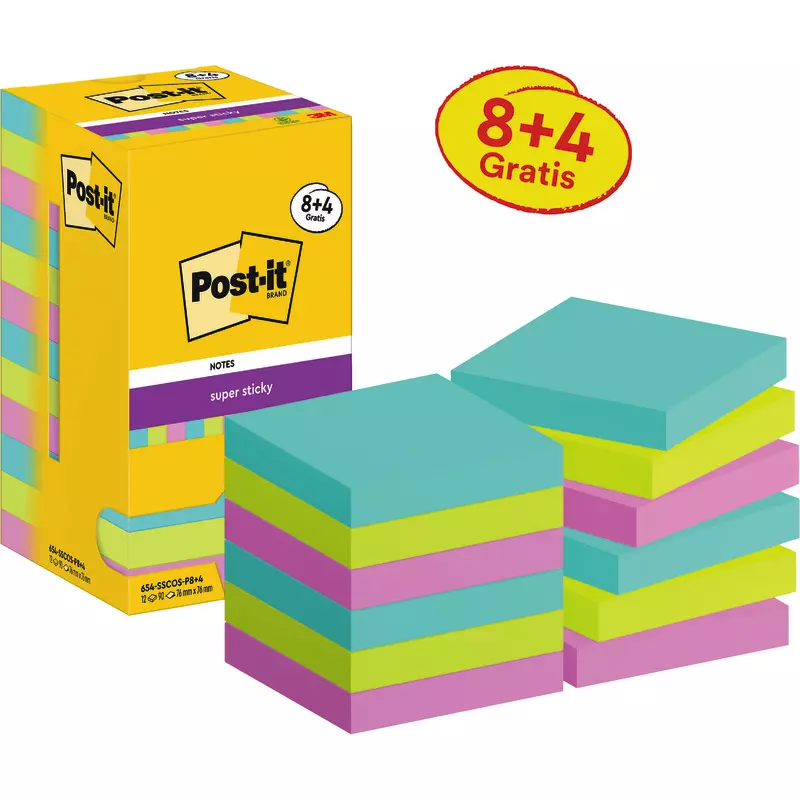 Post-it® Super Sticky Notes, 76 mm x 76 mm, Promotion, 90 Blatt/Block, 8 Blöcke + 4 Gratis/Packung