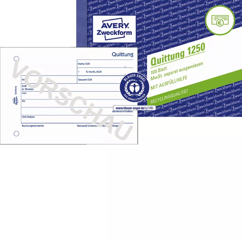 AVERY® Zweckform Quittung 1250 MwSt. separat ausgewiesen, A6 quer, Recycling-Papier, 100 Blatt