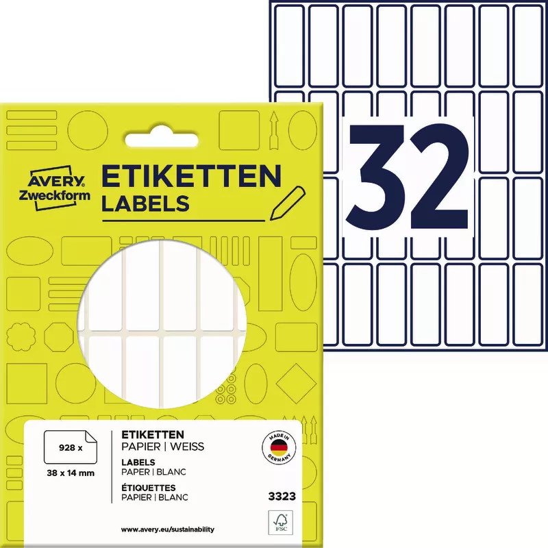 AVERY® Zweckform Vielzweck Etiketten 3323, 38 x 14 mm, 29 Bogen/928 Etiketten, weiß