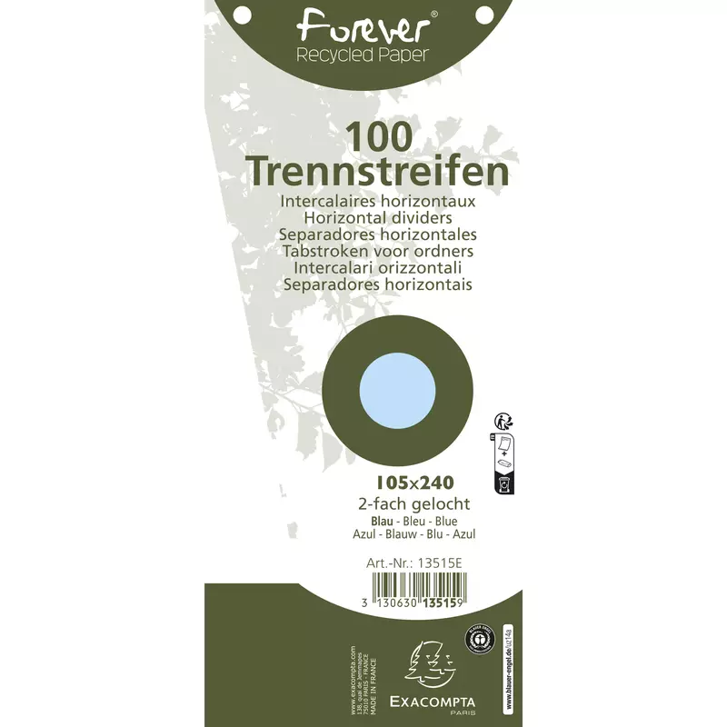 Packung mit 100 Trennstreifen, trapezförmig, 2-fach gelocht, Recyclingkarton 180g, 105x240mm - Hellblau